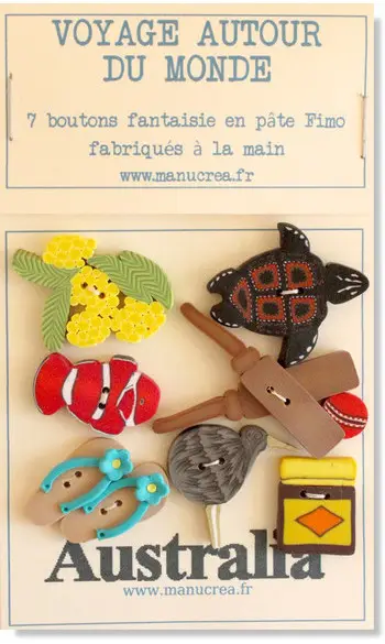 AUSTRALIE, lot de 7 boutons polymères